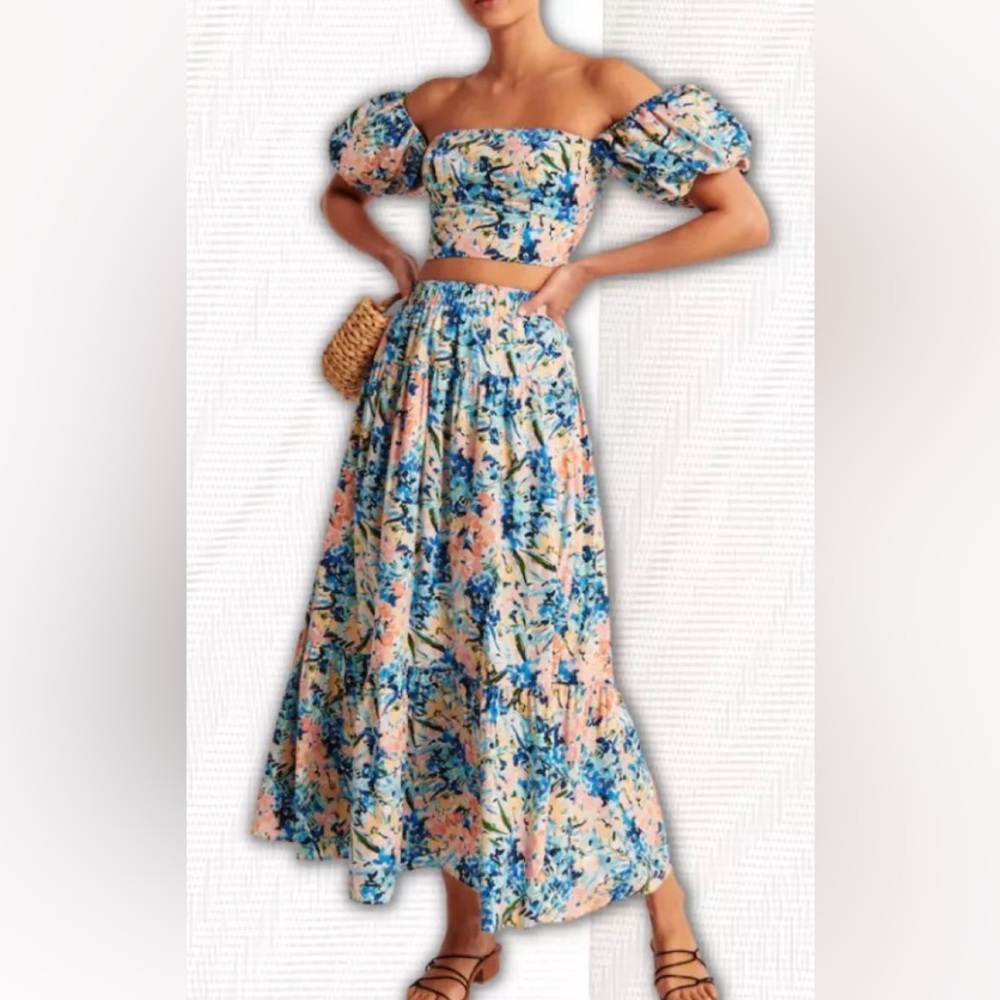 Abercrombie Floral Set M Off Shoulder Crop Top Tiered Maxi Skirt Boho Romantic